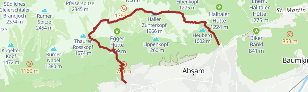 Route map: Vom Halltal über die 3 Zunterköpfe zur Kaisersäule